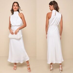 NWT Lulu’s Distinctive Charm White Satin Asymmetrical Midi Dress Small Medium